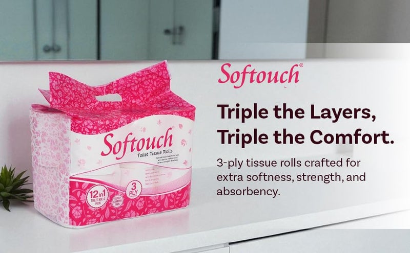 Softouch Ultra Soft 3 Ply Toilet Paper Pack of 12 Family Mega Tissue Rolls Strong Bathroom Tissue Total 1680 Pulls 12 Regular Rolls - Image 2