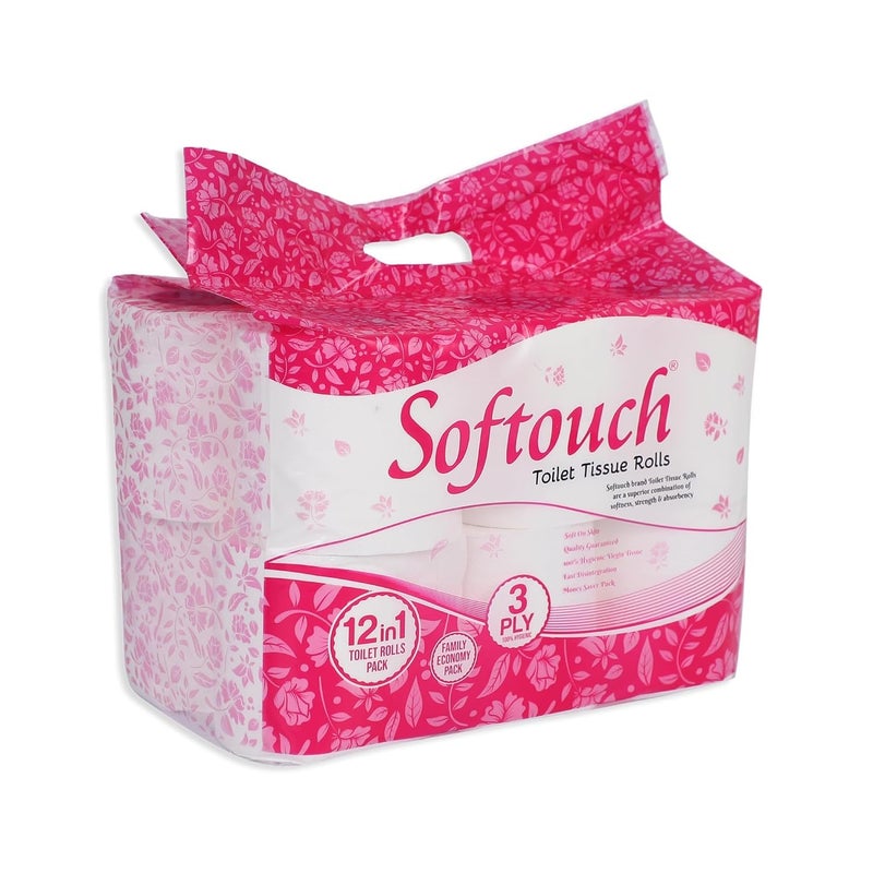 Softouch Ultra Soft 3 Ply Toilet Paper Pack of 12 Family Mega Tissue Rolls Strong Bathroom Tissue Total 1680 Pulls 12 Regular Rolls - Image 1