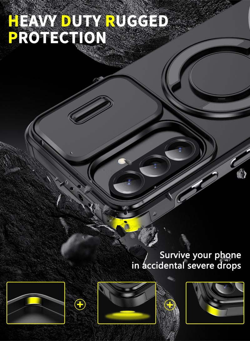 Samsung Galaxy A36/ A56 5G Slide Camera Cover Case, Soft Touch, Super Strong Magnetic, 360° Rotatable Ring Stand, Quad Airbag with Slightly Raised Corners Shockproof Protection, Black, 1 Piece - Image 2