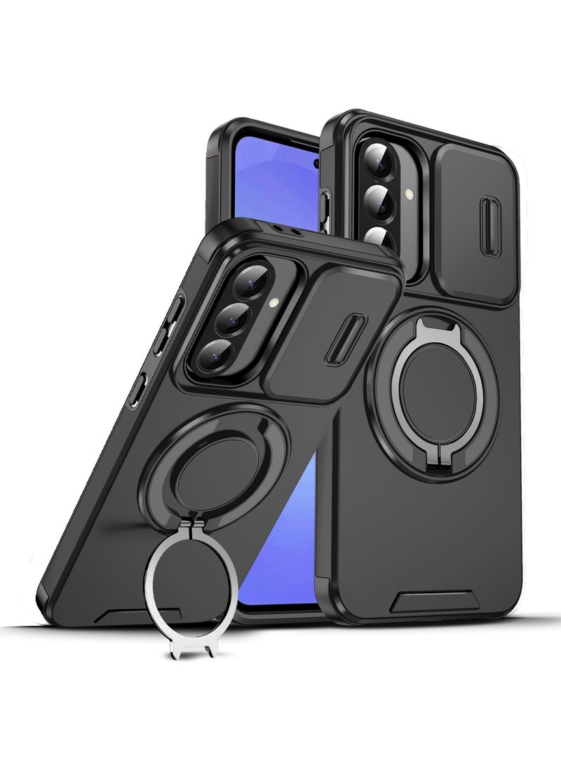 Samsung Galaxy A36/ A56 5G Slide Camera Cover Case, Soft Touch, Super Strong Magnetic, 360° Rotatable Ring Stand, Quad Airbag with Slightly Raised Corners Shockproof Protection, Black, 1 Piece - Image 1