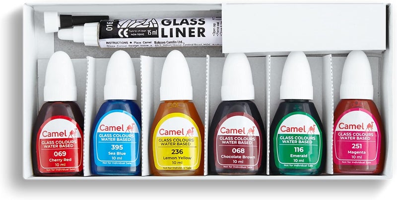 Camlin Glass Colours(Water Based) 6Assorted 10ml+Glass Liner 15ml-3006629 - Image 2