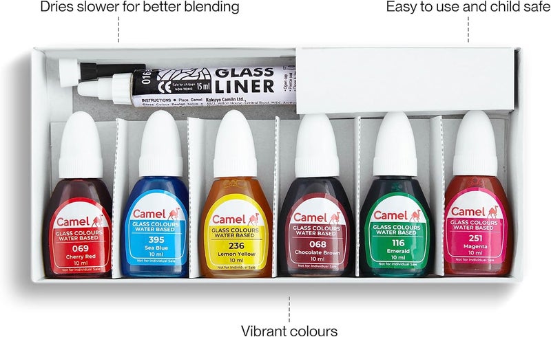 Camlin Glass Colours(Water Based) 6Assorted 10ml+Glass Liner 15ml-3006629 - Image 3