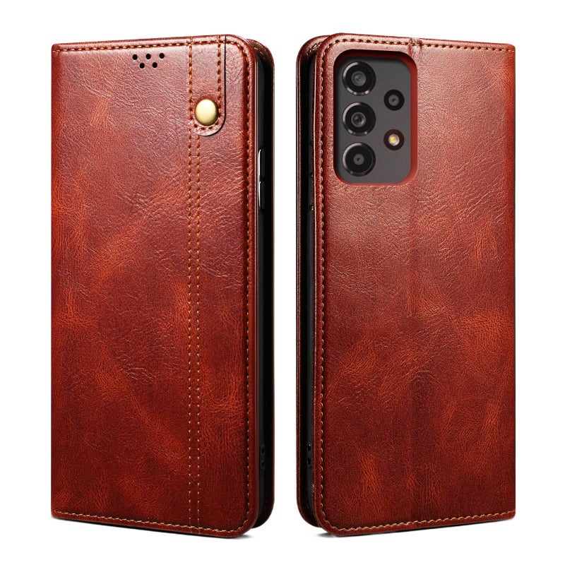Leather Protective Texture for Samsung Galaxy A15 with Oil Wax Texture and Full Coverage in Brown for On The Go Carry - Image 1