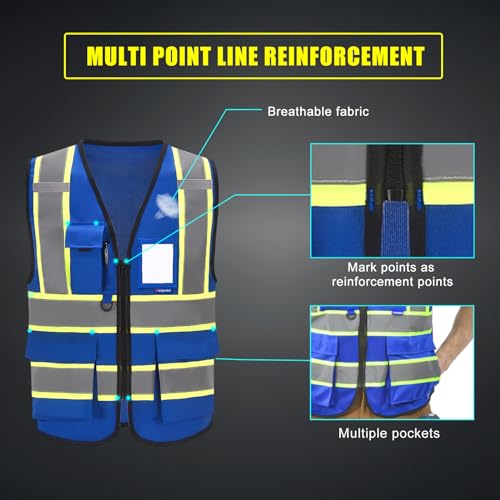 AYKRM 6XL 7XL 8XL BLUE High Visibility Reflective Safety Vest for Women Men High Visibility Security with Pockets Zipper - Image 5