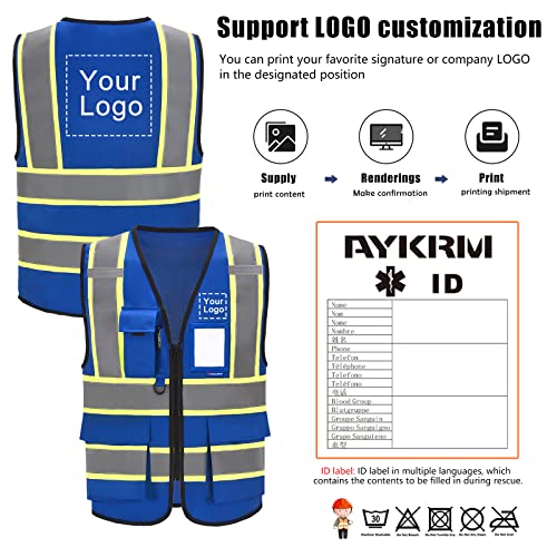 AYKRM 6XL 7XL 8XL BLUE High Visibility Reflective Safety Vest for Women Men High Visibility Security with Pockets Zipper - Image 2