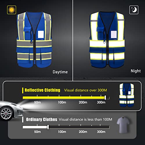 AYKRM 6XL 7XL 8XL BLUE High Visibility Reflective Safety Vest for Women Men High Visibility Security with Pockets Zipper - Image 4