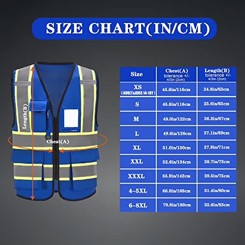 AYKRM 6XL 7XL 8XL BLUE High Visibility Reflective Safety Vest for Women Men High Visibility Security with Pockets Zipper - Image 3