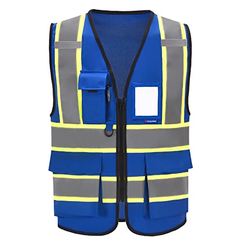 AYKRM 6XL 7XL 8XL BLUE High Visibility Reflective Safety Vest for Women Men High Visibility Security with Pockets Zipper - Image 1