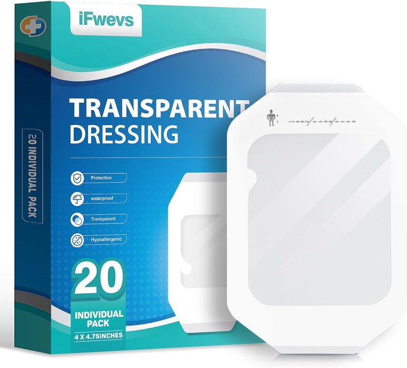 iFwevs 20 Pack Transparent Film Dressing 4 in x 475 in Waterproof Wound Bandage Adhesive Patches for Post Surgical Shower Transparent Film Dressing for IV Shield and Tattoo Aftercare - Image 1