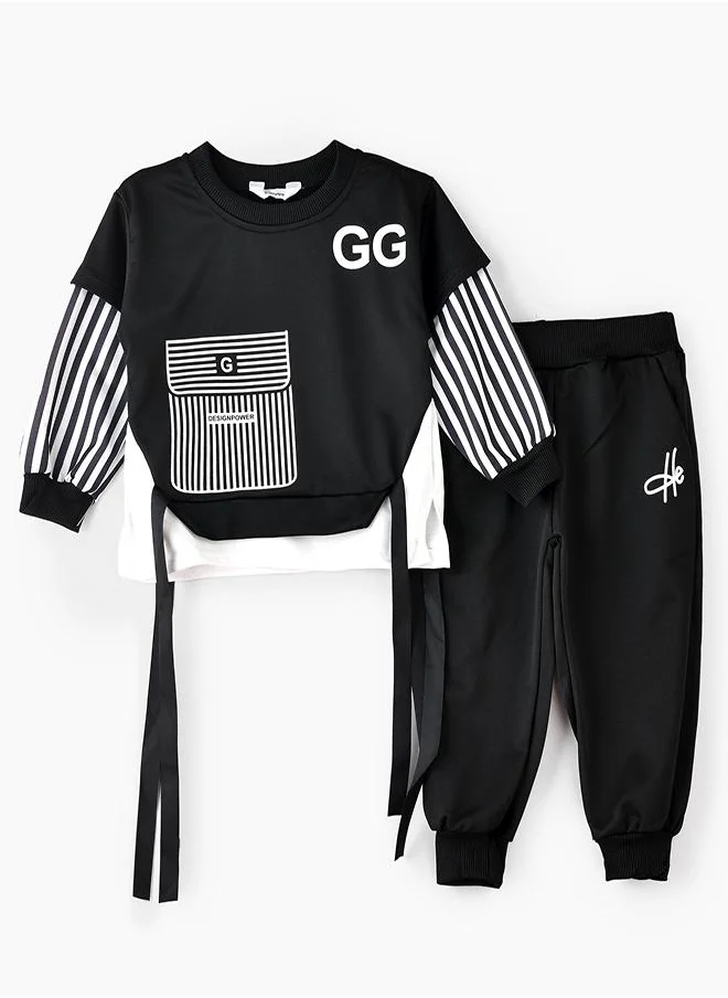 babyqlo Black Striped Sleeve Sweatshirt and Jogger Set for Boys