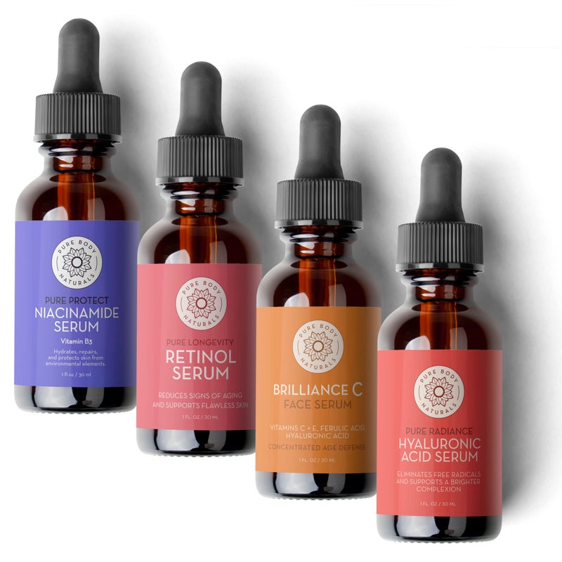 PURE BODY NATURALS Pure Body Naturals Facial Serum - Hyaluronic Acid Serum, Retinol Serum, Vitamin C Serum, and Vitamin B3 (Niacinamide) Serum - A Perfect Serum Gift Set for Women of All Ages