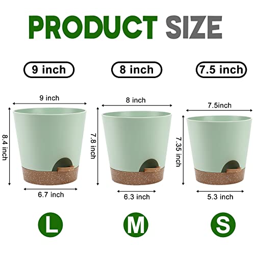YNNICO Indoor Self Watering Planters with Drainage Holes and Saucers, 9,8, 7.5 Inches, Green, 3 Pots (Springgreen) - Image 2