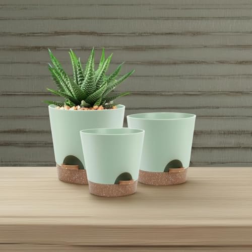 YNNICO Indoor Self Watering Planters with Drainage Holes and Saucers, 9,8, 7.5 Inches, Green, 3 Pots (Springgreen) - Image 5