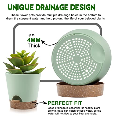 YNNICO Indoor Self Watering Planters with Drainage Holes and Saucers, 9,8, 7.5 Inches, Green, 3 Pots (Springgreen) - Image 3