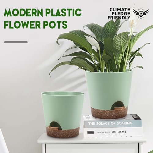 YNNICO Indoor Self Watering Planters with Drainage Holes and Saucers, 9,8, 7.5 Inches, Green, 3 Pots (Springgreen) - Image 4