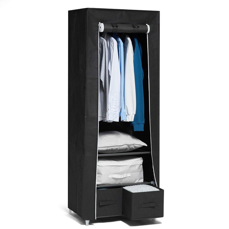 Hododou Canvas Wardrobe Fabric Wardrobe for Bedroom 160 x 59 x 43CM Portable Closet with 2 Drawers and Hanging Rail for Living Room Dormitory Fabric Closet for Clothes Bags Toys Shoes Black