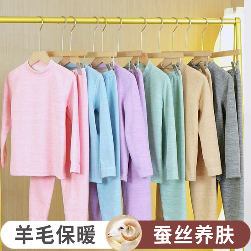 Boys' And Girls' Wool Silk Thermal Underwear Suit De Velvet Children'S Autumn Clothes Long Pants Winter Bottoming Shirt Middle And Big Children - Image 2