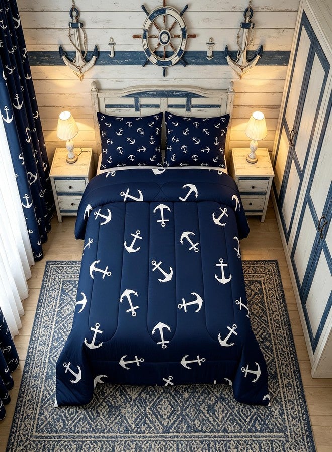 Man Fei Manfei Anchor Comforter Set Full Size, Nautical Theme Summer Ocean Anchor Bedding Set 3pcs for Kids Boys Teens Room Decor, Luxurious Navy Blue Down Comforter with 2 Pillowcases, No Sheets - Image 1
