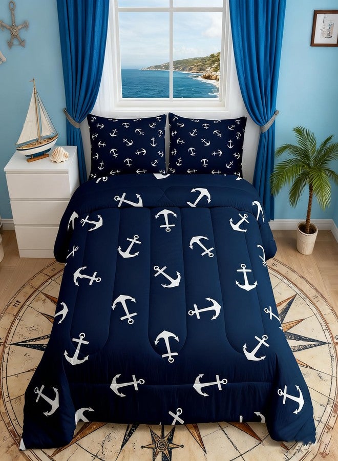 Man Fei Manfei Anchor Comforter Set Full Size, Nautical Theme Summer Ocean Anchor Bedding Set 3pcs for Kids Boys Teens Room Decor, Luxurious Navy Blue Down Comforter with 2 Pillowcases, No Sheets - Image 2