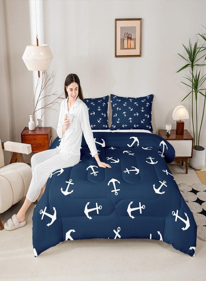 Man Fei Manfei Anchor Comforter Set Full Size, Nautical Theme Summer Ocean Anchor Bedding Set 3pcs for Kids Boys Teens Room Decor, Luxurious Navy Blue Down Comforter with 2 Pillowcases, No Sheets - Image 3