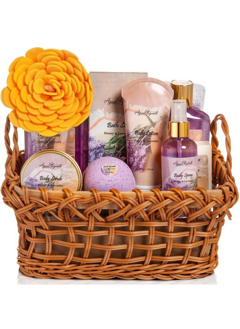 Aqua Elegante - Spa Baskets For Women - Luxury Bath Set With Honey & Lavender - Spa Kit Includes Wash, Bubble Bath, Lotion, Bath Salts, Body Scrub, Body Spray, Shower Puff, Bathbombs, Soap and Towel - Image 1