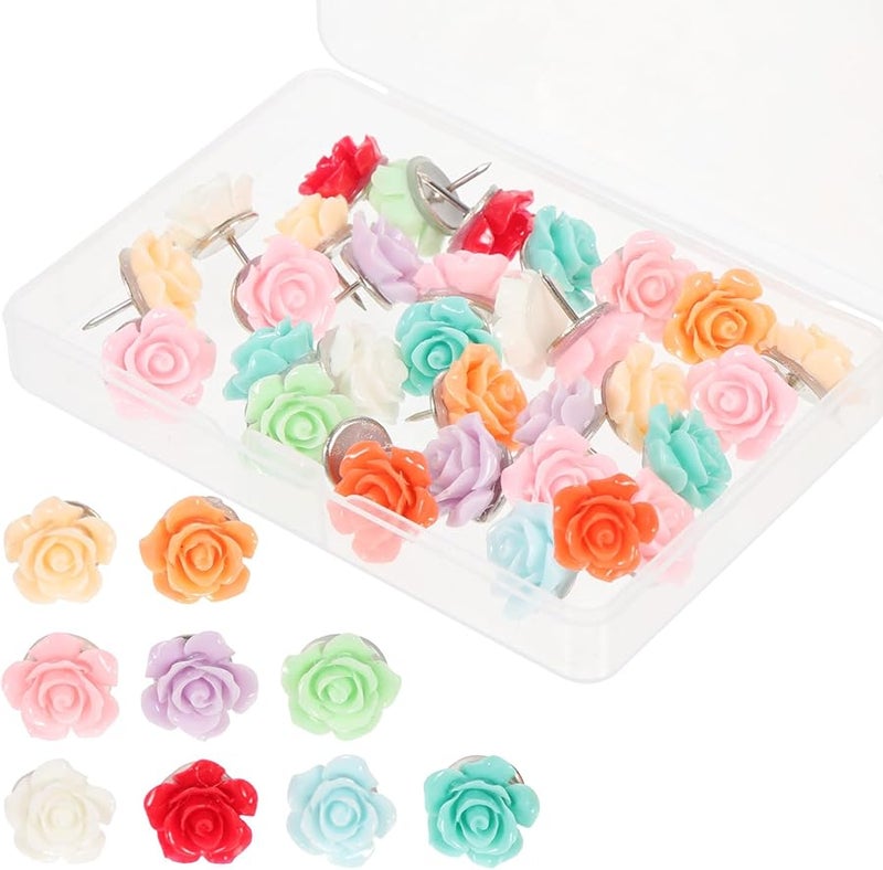 30Pcs Rose Shaped Push Pins Colorful Resin Thumb Tacks for Cork Board Map Office Home - Image 2