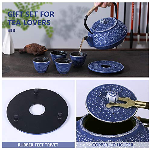 U-Fine Ufine Blue Floral Cast Iron Teapot Set Japanese Style Tetsubin Tea Kettle with 4 Cups, Stainless Steel Infuser for Stove Top Tea Brewing 28 oz - Image 4
