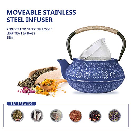 U-Fine Ufine Blue Floral Cast Iron Teapot Set Japanese Style Tetsubin Tea Kettle with 4 Cups, Stainless Steel Infuser for Stove Top Tea Brewing 28 oz - Image 3