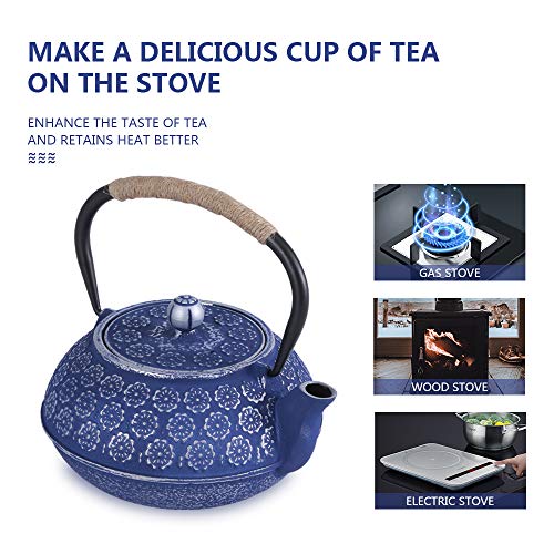 U-Fine Ufine Blue Floral Cast Iron Teapot Set Japanese Style Tetsubin Tea Kettle with 4 Cups, Stainless Steel Infuser for Stove Top Tea Brewing 28 oz - Image 2