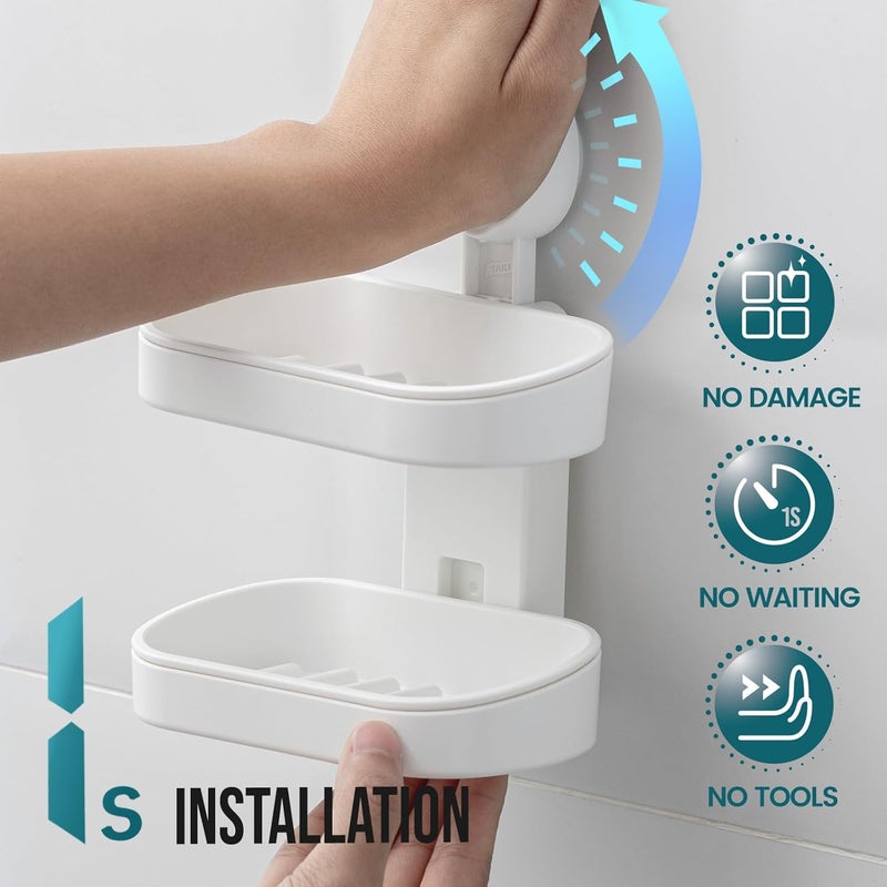 Taili Soap Dish for Shower, Max Hold 5 KG Suction Soap Holder for Bathroom, Bathtub, Wall Mounted, Waterproof, Drill-Free, Removable Double Layer Shower Organizer, Sponge Holder, Plastic In White - Image 3