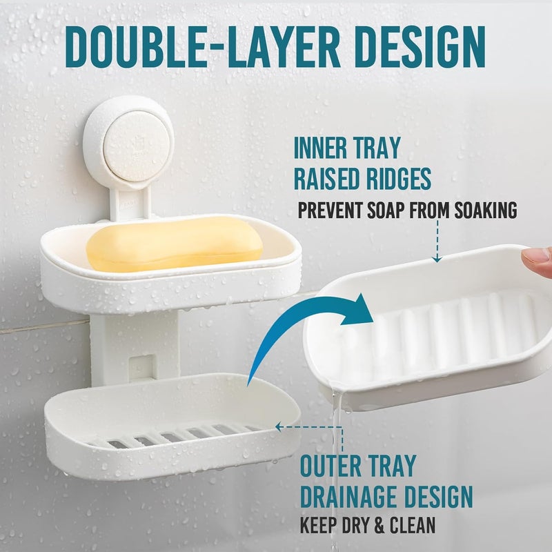 Taili Soap Dish for Shower, Max Hold 5 KG Suction Soap Holder for Bathroom, Bathtub, Wall Mounted, Waterproof, Drill-Free, Removable Double Layer Shower Organizer, Sponge Holder, Plastic In White - Image 4
