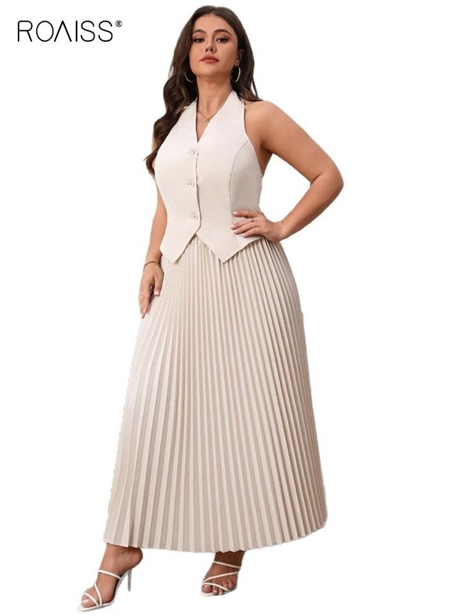 roaiss Spring Summer 2 Piece Sleeveless V-Neck Vest Women's Button Front Pleated Skirt Casual Matching Set Elegant Slim Solid Color Long Skirt Set Apricot for Ladies - Image 4