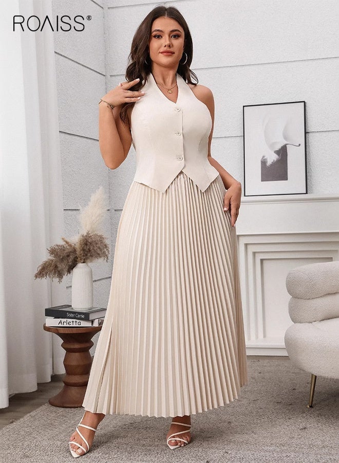 roaiss Spring Summer 2 Piece Sleeveless V-Neck Vest Women's Button Front Pleated Skirt Casual Matching Set Elegant Slim Solid Color Long Skirt Set Apricot for Ladies - Image 1