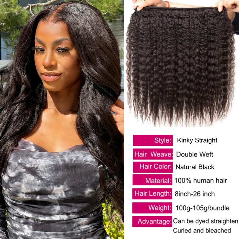 UNice Hair 10A Yaki Kinky Straight Human Hair 3 Bundles, 100% Unprocessed Mongolian Virgin Human Hair Weave Extensions Natural Color (16 18 20inch) - Image 4