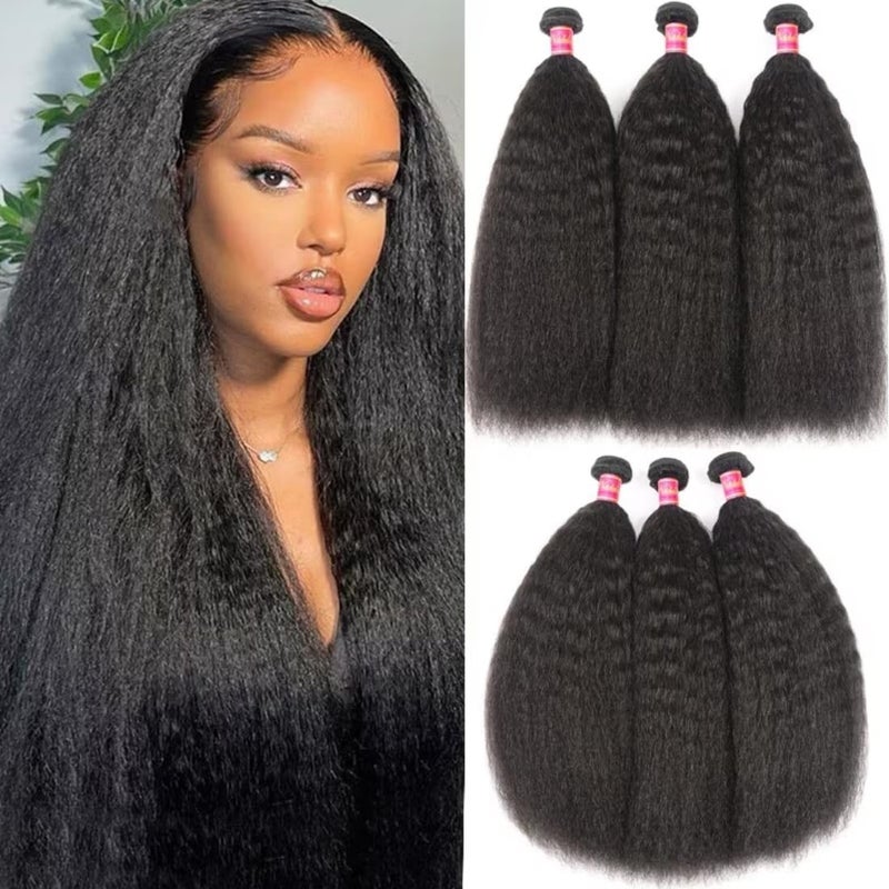 UNice Hair 10A Yaki Kinky Straight Human Hair 3 Bundles, 100% Unprocessed Mongolian Virgin Human Hair Weave Extensions Natural Color (16 18 20inch) - Image 5