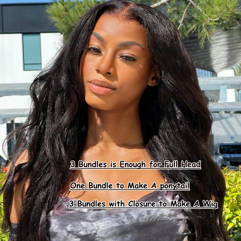 UNice Hair 10A Yaki Kinky Straight Human Hair 3 Bundles, 100% Unprocessed Mongolian Virgin Human Hair Weave Extensions Natural Color (16 18 20inch) - Image 2