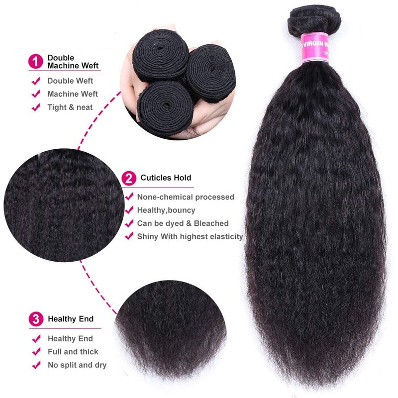 UNice Hair 10A Yaki Kinky Straight Human Hair 3 Bundles, 100% Unprocessed Mongolian Virgin Human Hair Weave Extensions Natural Color (16 18 20inch) - Image 3
