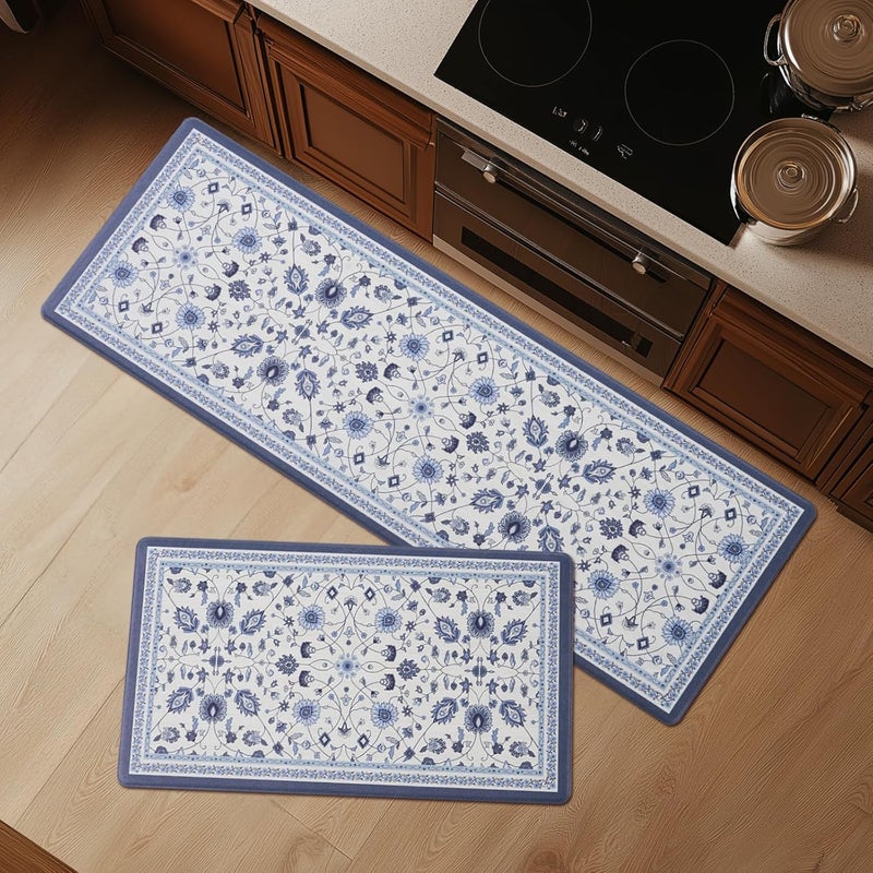 Fresh Mint Anti Fatigue Kitchen Mats for Floor 2 Piece Set, Waterproof & Non-Skid Vintage Floarl Kitchen Rugs, Cushioned Kitchen Mat for Standing Washable Comfort Desk Kitchen Runners, 17x30''+17x47'' - Image 1