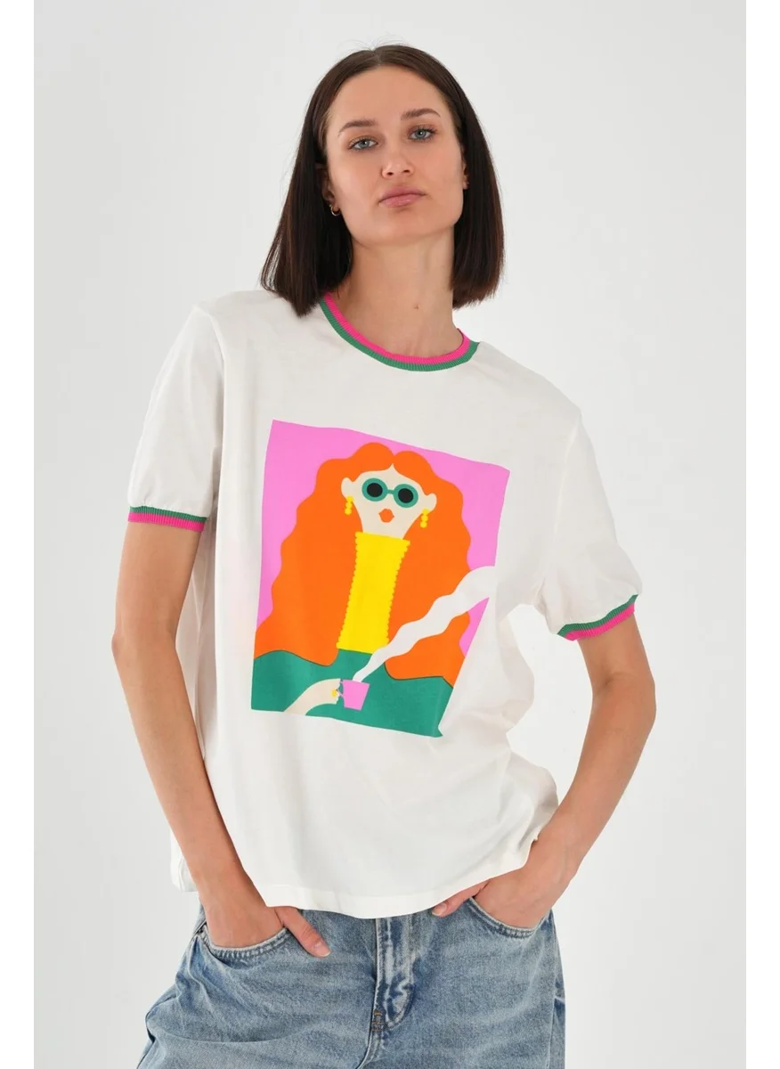 الكسندر جاردي Alexandergardi Collar and Sleeve Detail Printed Women's T-Shirt