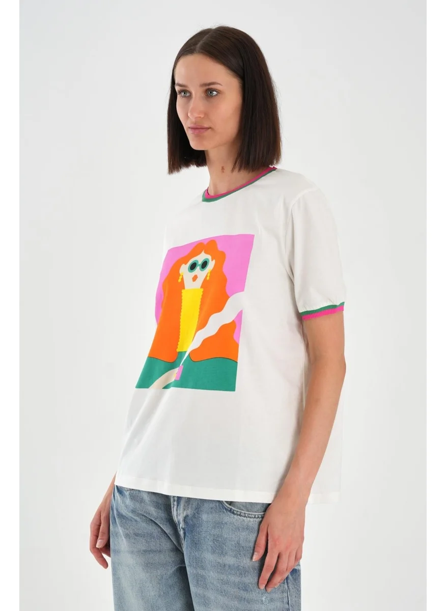 الكسندر جاردي Alexandergardi Collar and Sleeve Detail Printed Women's T-Shirt