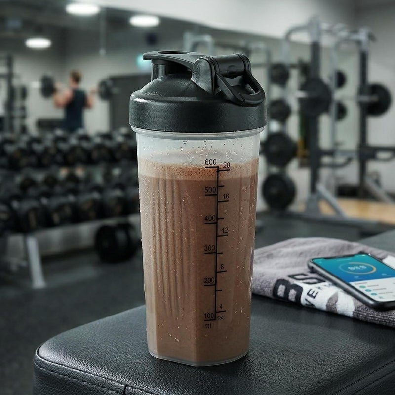 Fox Run Clear Blender Bottler, 20 oz Shaker Bottle with Stainless Steel Ball Whisk and Measurements - Image 1