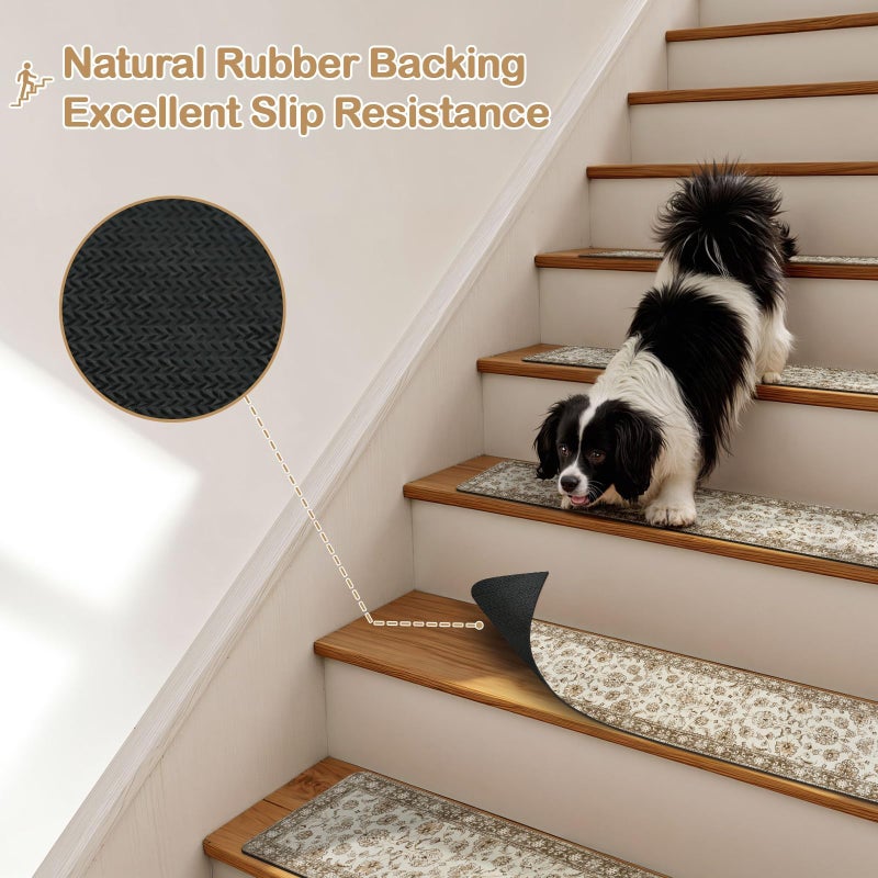 OJIA Vintage Stair Treads Non-Slip Stair Runners for Wooden Steps Indoor 15PCS 30"x8" Carpet Stair Treads Mats Staircase Step Treads for Kids, Elders and Dogs, Stair Covers, Beige - Image 2