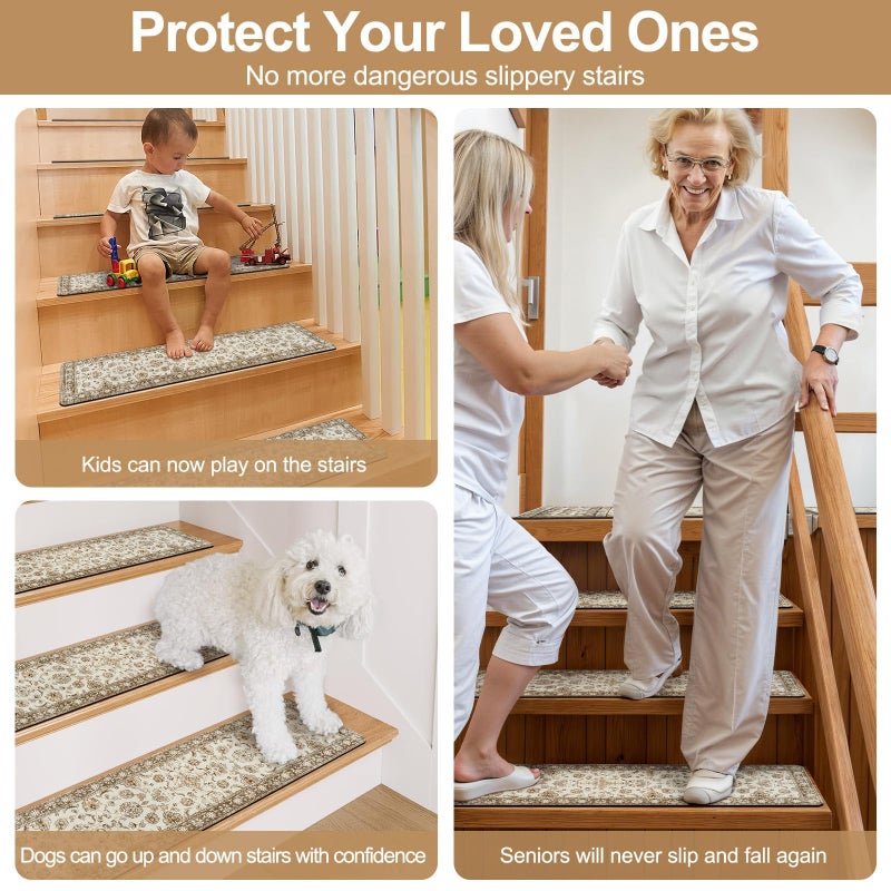 OJIA Vintage Stair Treads Non-Slip Stair Runners for Wooden Steps Indoor 15PCS 30"x8" Carpet Stair Treads Mats Staircase Step Treads for Kids, Elders and Dogs, Stair Covers, Beige - Image 5