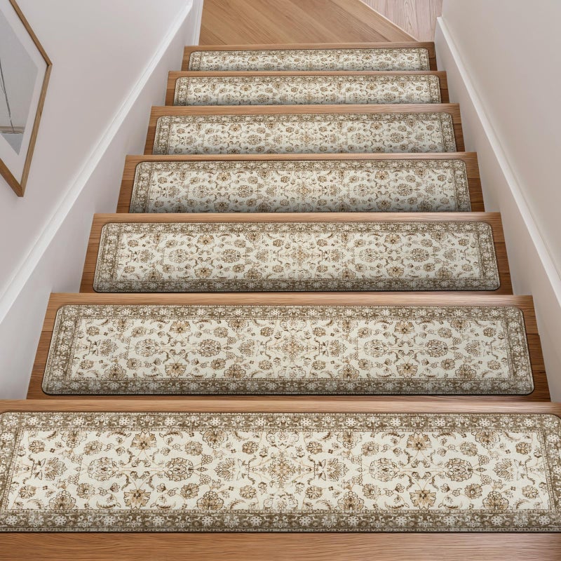 OJIA Vintage Stair Treads Non-Slip Stair Runners for Wooden Steps Indoor 15PCS 30"x8" Carpet Stair Treads Mats Staircase Step Treads for Kids, Elders and Dogs, Stair Covers, Beige - Image 1