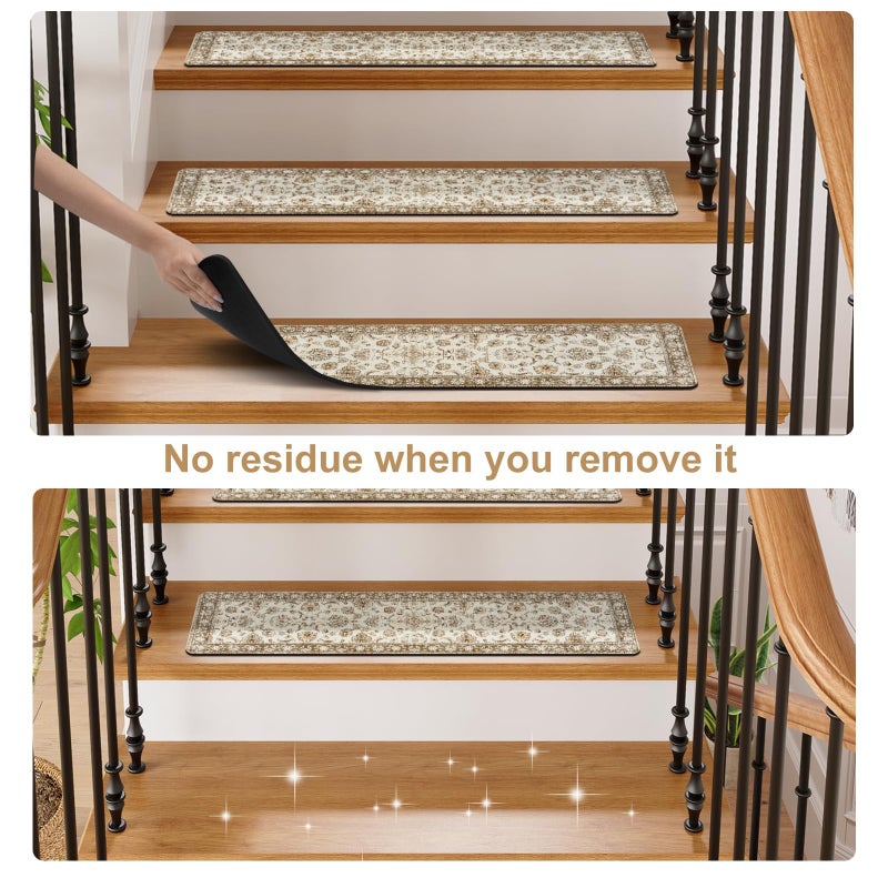OJIA Vintage Stair Treads Non-Slip Stair Runners for Wooden Steps Indoor 15PCS 30"x8" Carpet Stair Treads Mats Staircase Step Treads for Kids, Elders and Dogs, Stair Covers, Beige - Image 3