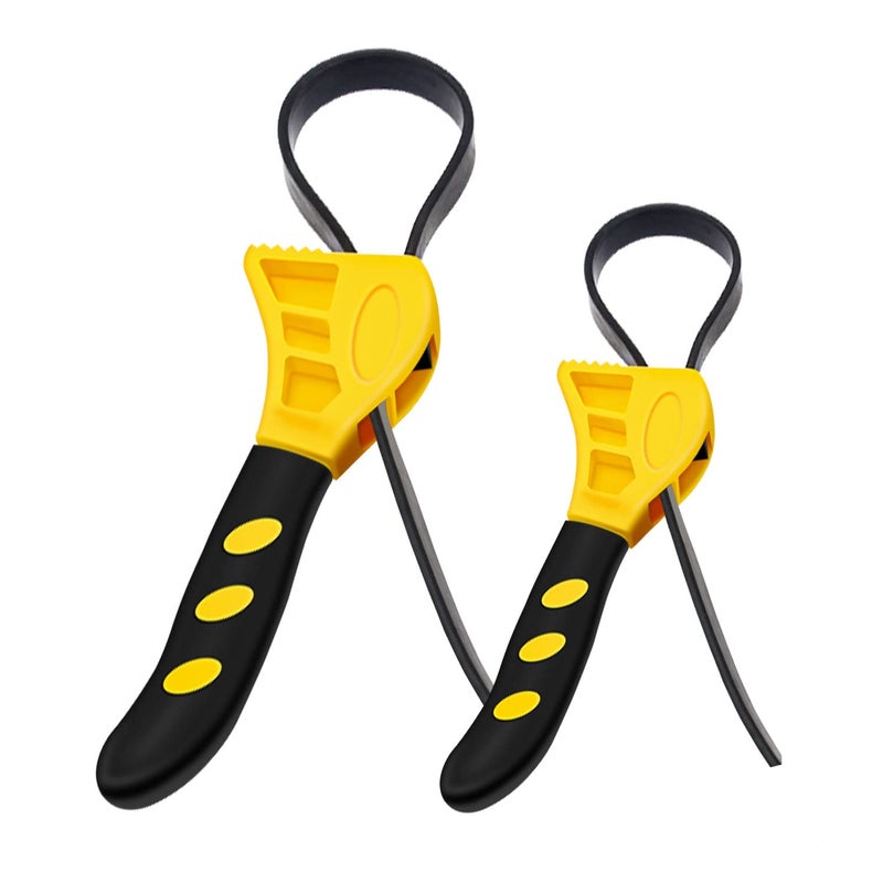 ROADGIVE 2 Piece Rubber Strap Adjustable Wrench Oil Filter Wrench Silicone Belt Jar Opener Wrench for Mechanics Plumbers Home Kitchen Use Yellow