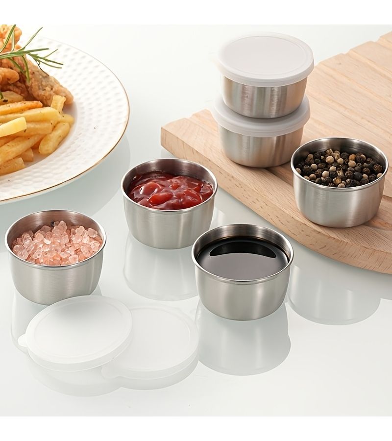 8 Pcs 304 Stainless Steel Small Salad Dressing Container 1.6 Oz Portable Sauce Cup With Leakproof Clear Lids Reusable Seasoning Jar For Bento Work School Picnic Outdoor Activities Travel Back To School - Image 1