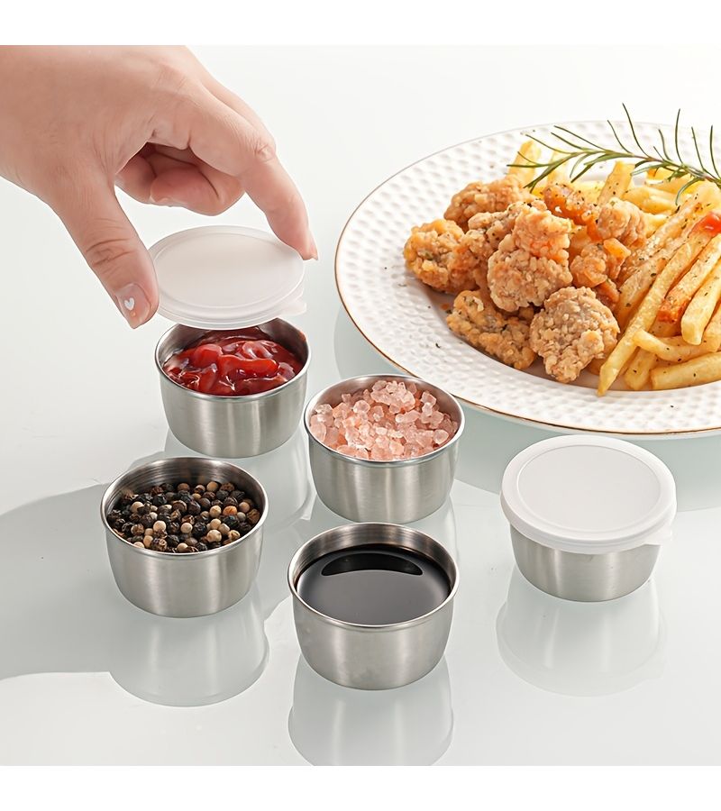 8 Pcs 304 Stainless Steel Small Salad Dressing Container 1.6 Oz Portable Sauce Cup With Leakproof Clear Lids Reusable Seasoning Jar For Bento Work School Picnic Outdoor Activities Travel Back To School - Image 4