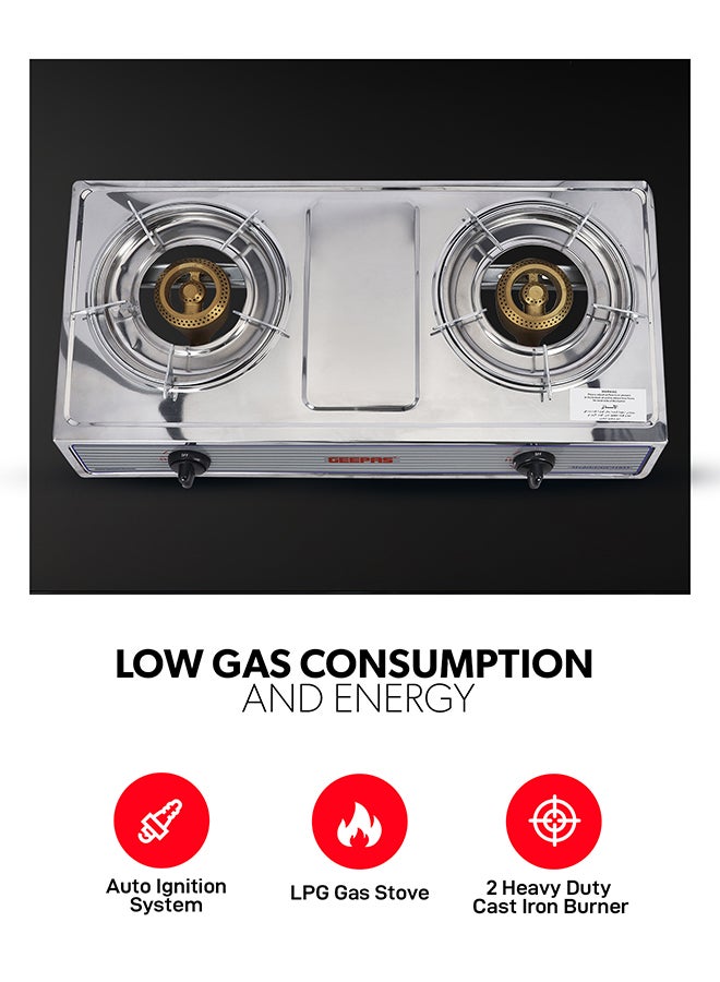 GEEPAS Stainless Steel Gas Cooker| 2 Heavy Duty Cast Iron Burner With Electroplated Pan Support| Low Gas Consumption And Energy Efficient Burners| Auto Ignition System, LPG Gas Stove, Perfect For Homes, Apartments, 2 Years Warranty GGC31033 Silver - Image 4