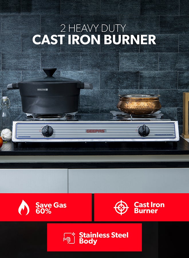 GEEPAS Stainless Steel Gas Cooker| 2 Heavy Duty Cast Iron Burner With Electroplated Pan Support| Low Gas Consumption And Energy Efficient Burners| Auto Ignition System, LPG Gas Stove, Perfect For Homes, Apartments, 2 Years Warranty GGC31033 Silver - Image 3